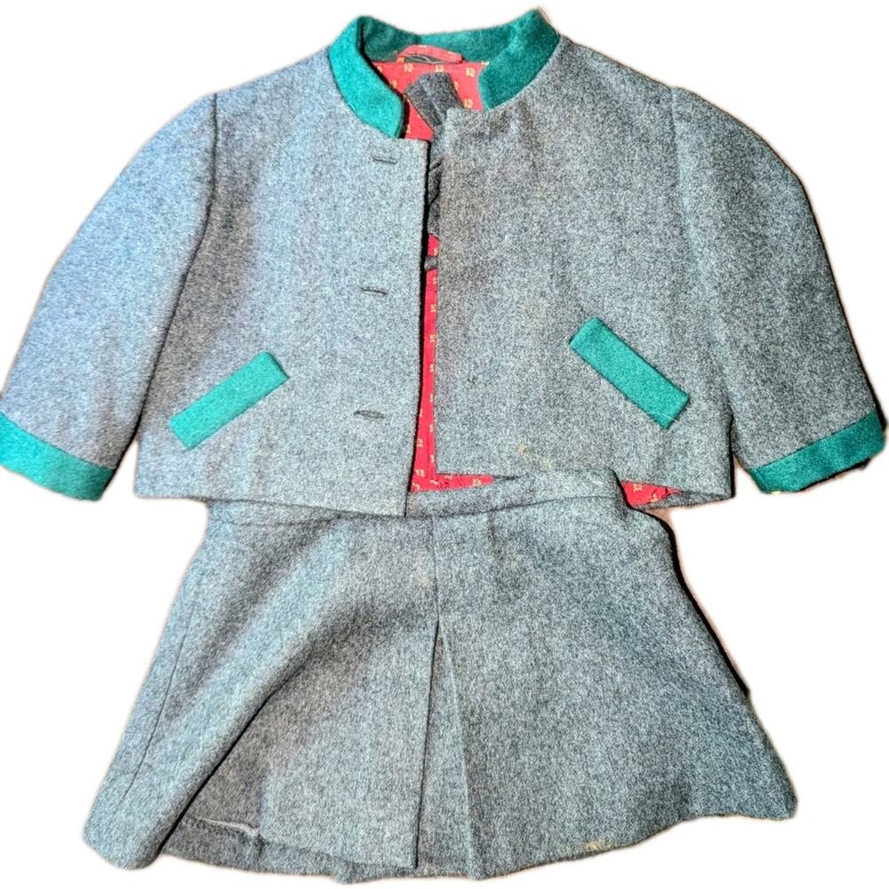 Vintage 1940s Toddlers Austrian Loden Wool Trachten Skirt Suit Gray Green